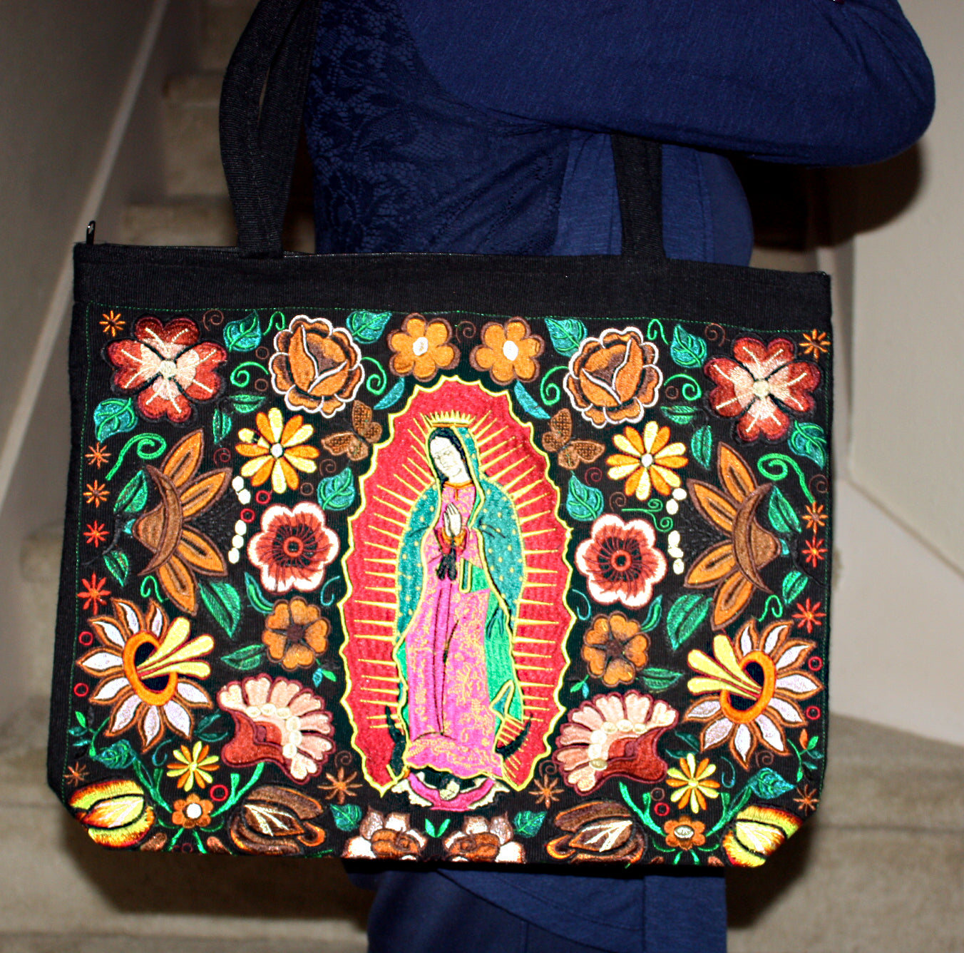 Guadalupe Virgin Embroidered Black Bag